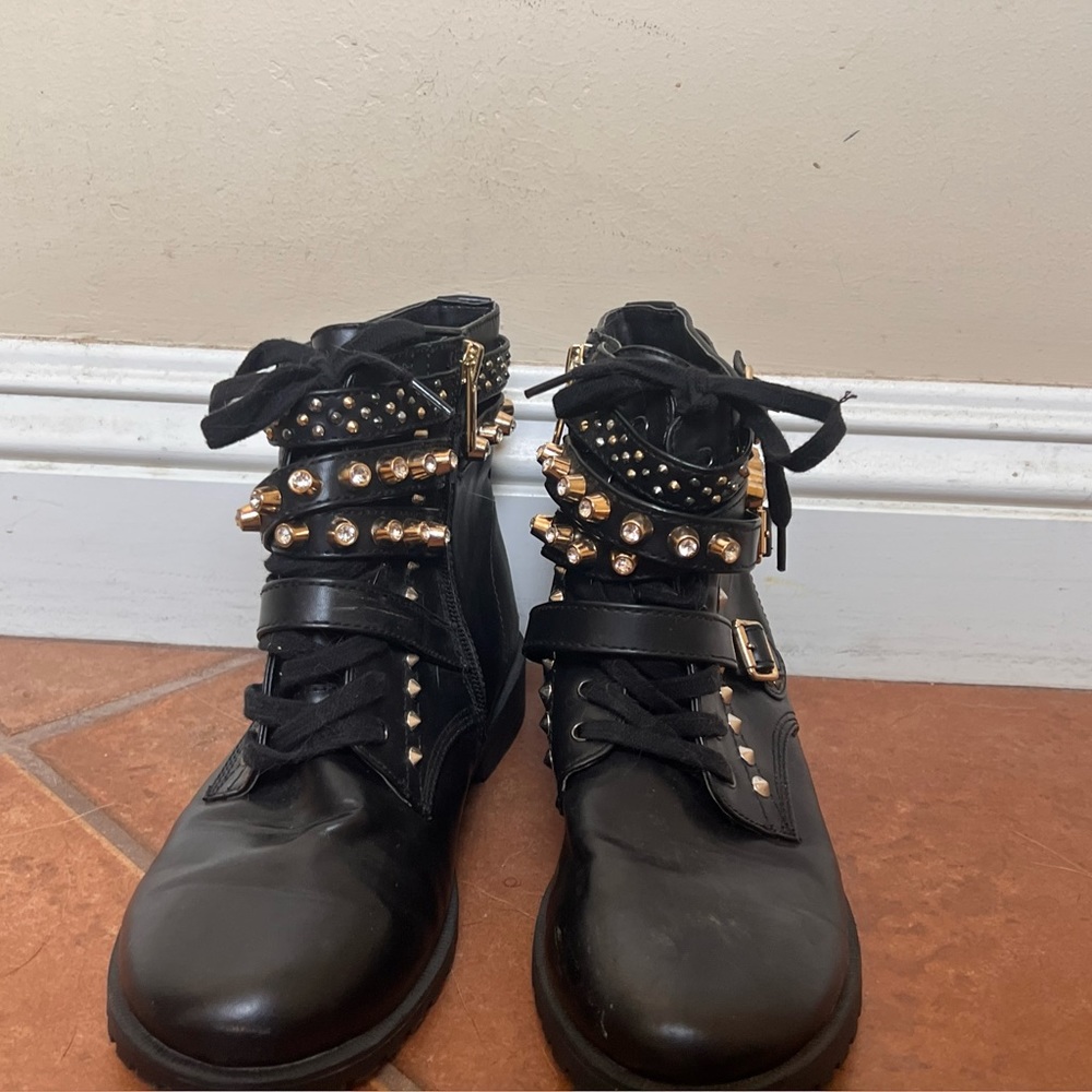 Combat jeweled ankle booties